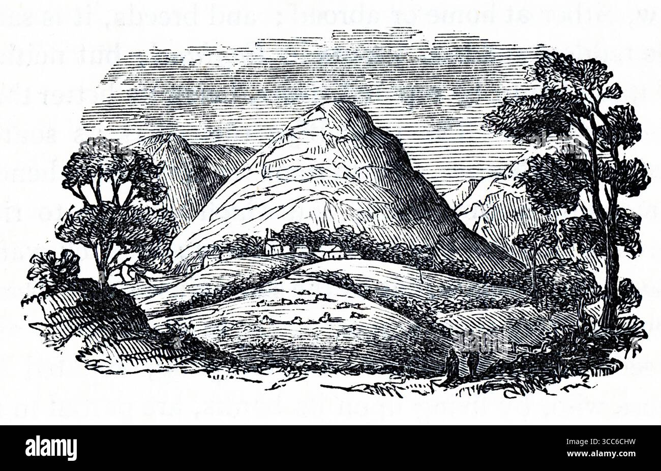Engraved upland landscape depicting the River Dove valley, with a central peak rising above wooded slopes and scattered fields. A small house nestles on the lower incline, while two figures walk a winding path in the foreground. The scene evokes the pastoral solitude of Dovedale, immortalized in The Compleat Angler. From a selection of printed copper and wood engravings published by Henry Kent Causton in 1851 as part of Izaak Walton and Charles Cotton's book, The Compleat Angler. Stock Photo
