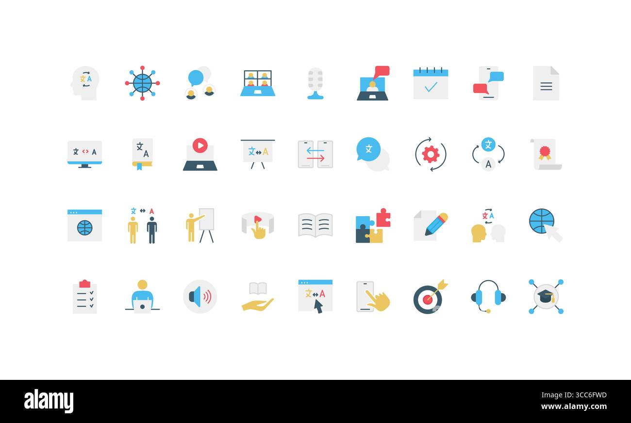 Colorful flat icons for language learning, translation, online ...