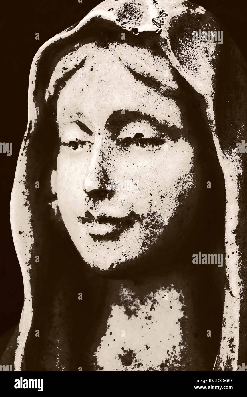 Graphic sepia image of model of face or serene woman with head covering Stock Photo