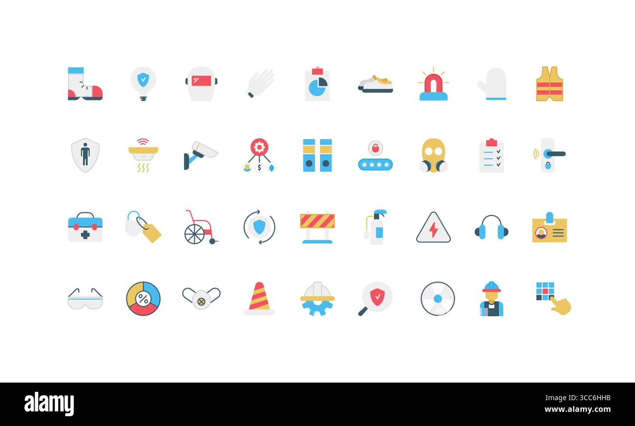 Collection of flat safety icons including protective gear, emergency ...