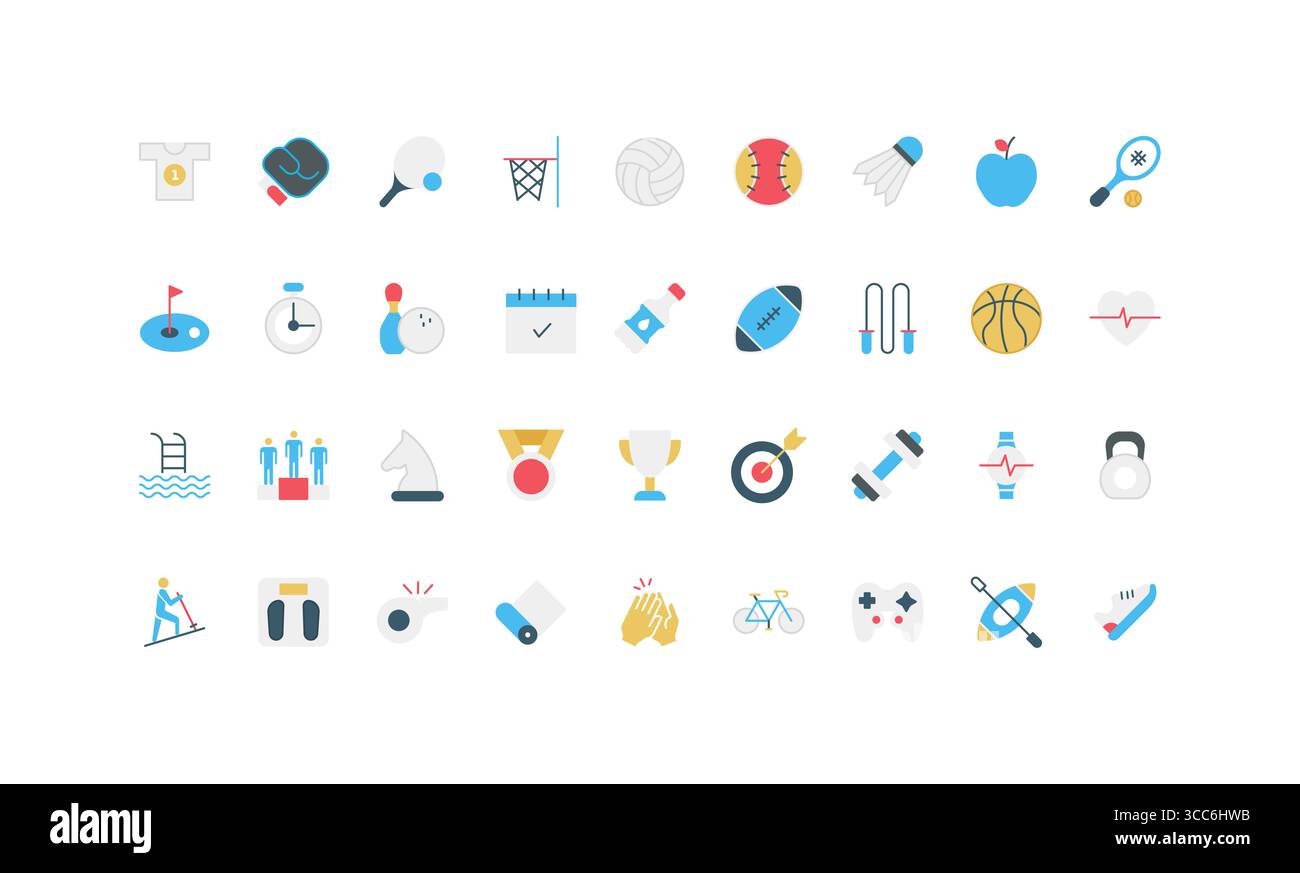 Collection of minimal flat sport icons including equipment, activities ...