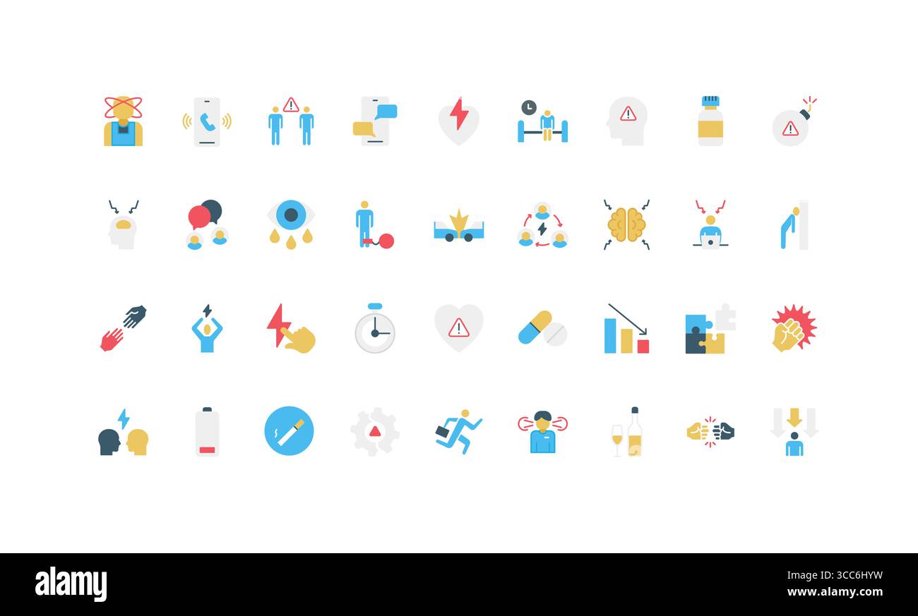 Collection of flat style icons showing stress, anxiety, mental health ...