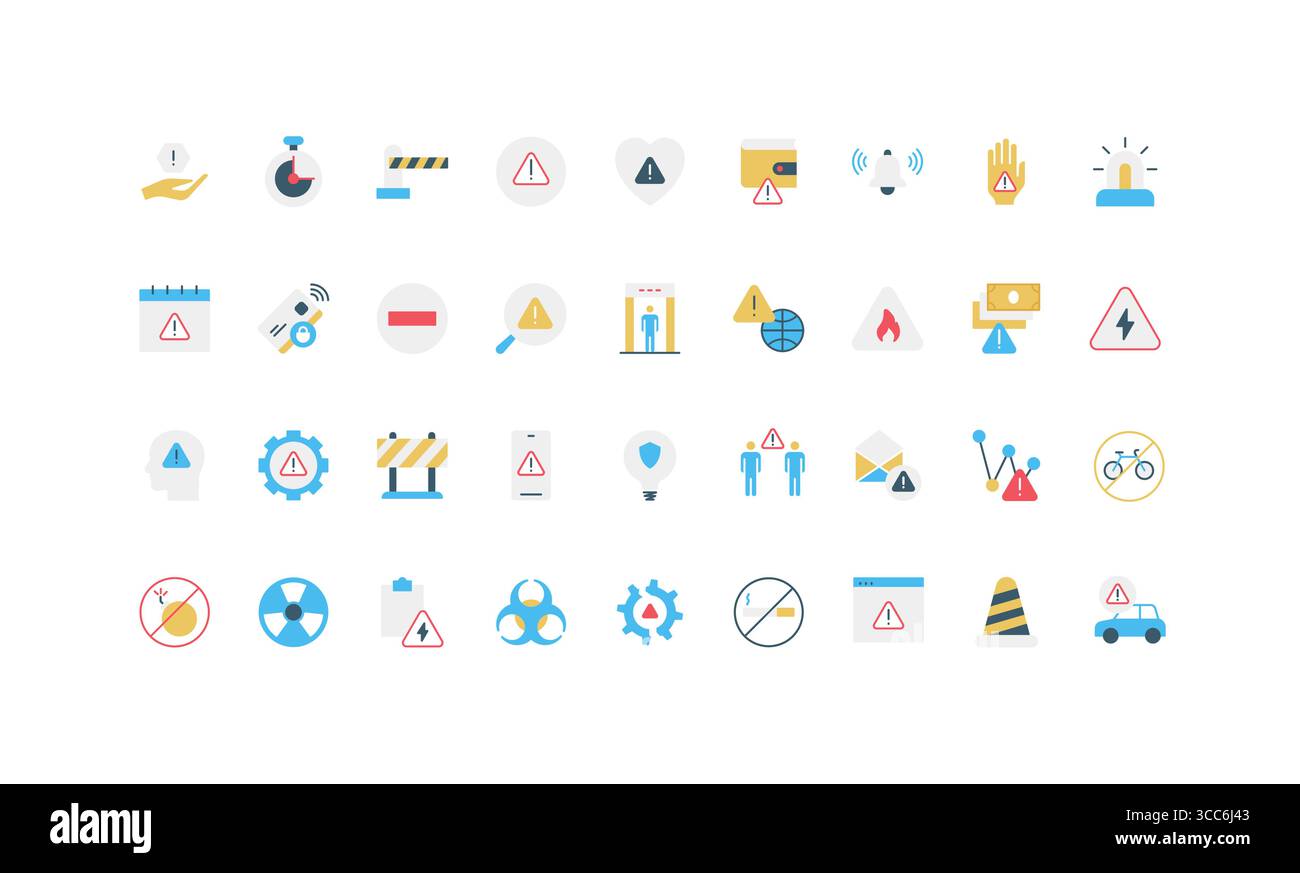 Collection of simple flat warning icons including hazard, alert, danger ...