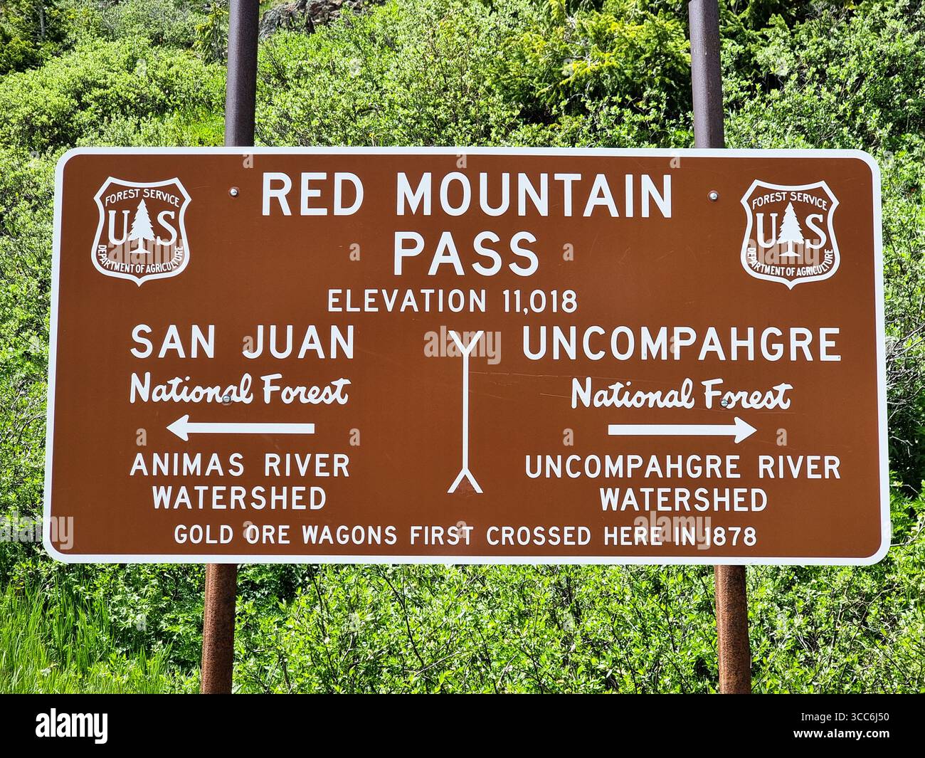Sign of the Red Mountain Pass between San Juan & Uncompahgre National Forest, Animas river watershed & Uncompahgre river watershed - Smartphone Captured Stock Image
