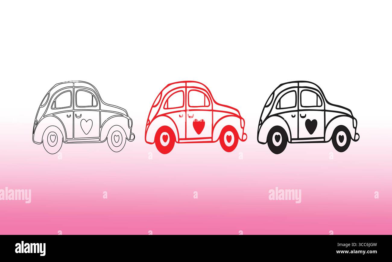 Cute Car with Heart Illustrations: Outline, Red Fill, and Bold Black Vector Designs for Love & Travel Stock Vector