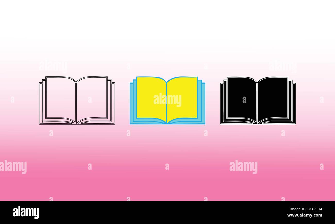 Open Book Illustrations: Outline, Vibrant Yellow and Blue Fill, and Solid Black Vector Designs Stock Vector