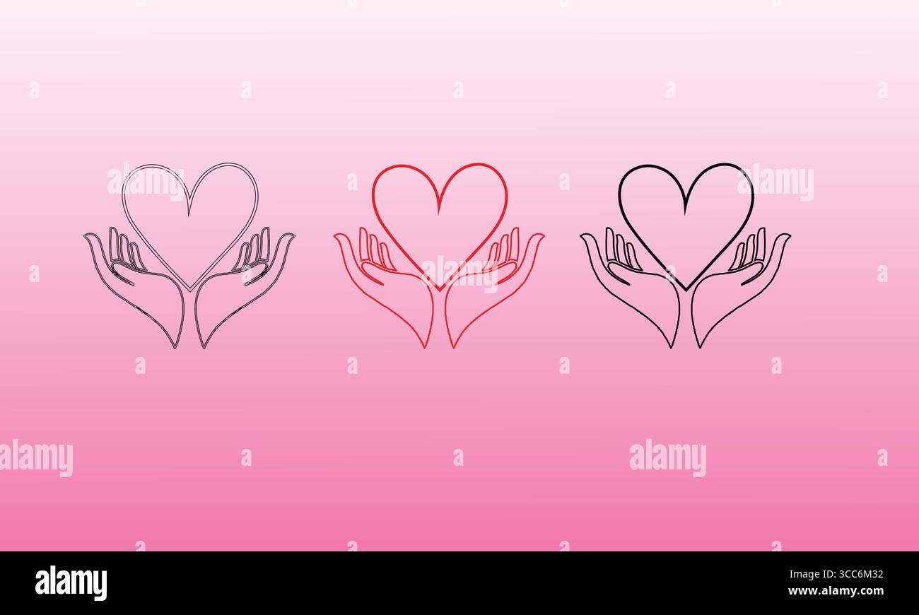 Three Illustrated Hands Holding Hearts Stock Vector