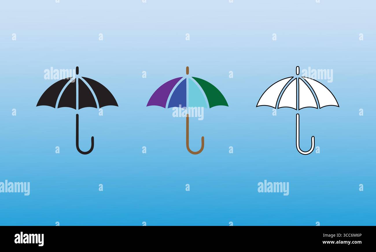 Three Stylized Umbrella Icons in Silhouette, Color, and Outline Stock Vector