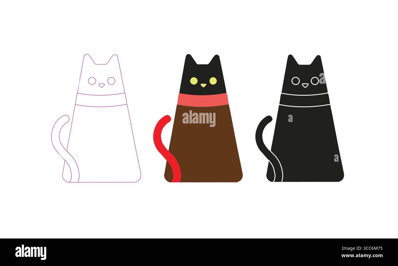 Three Stylized Cat Illustrations in Outline, Color, and Silhouette ...