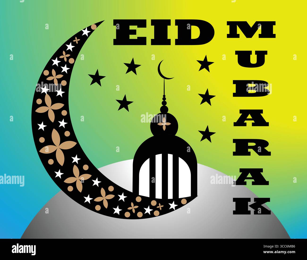 Eid Mubarak Greeting with Ornate Crescent Moon and Mosque Stock Vector ...