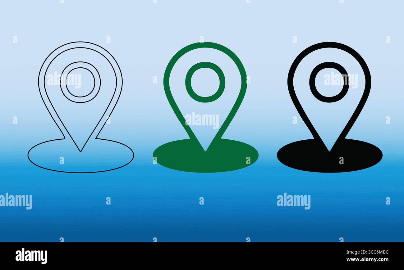 Three Location Pin Icons in Outline and Solid Styles Stock Vector