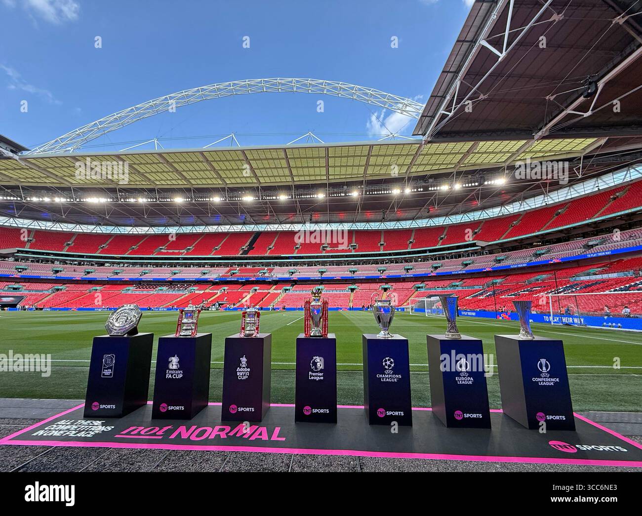 Community Shield London, UK. 10th Aug, 2025. L-R: The Community Shield, FA Cup, WFA Cup ...