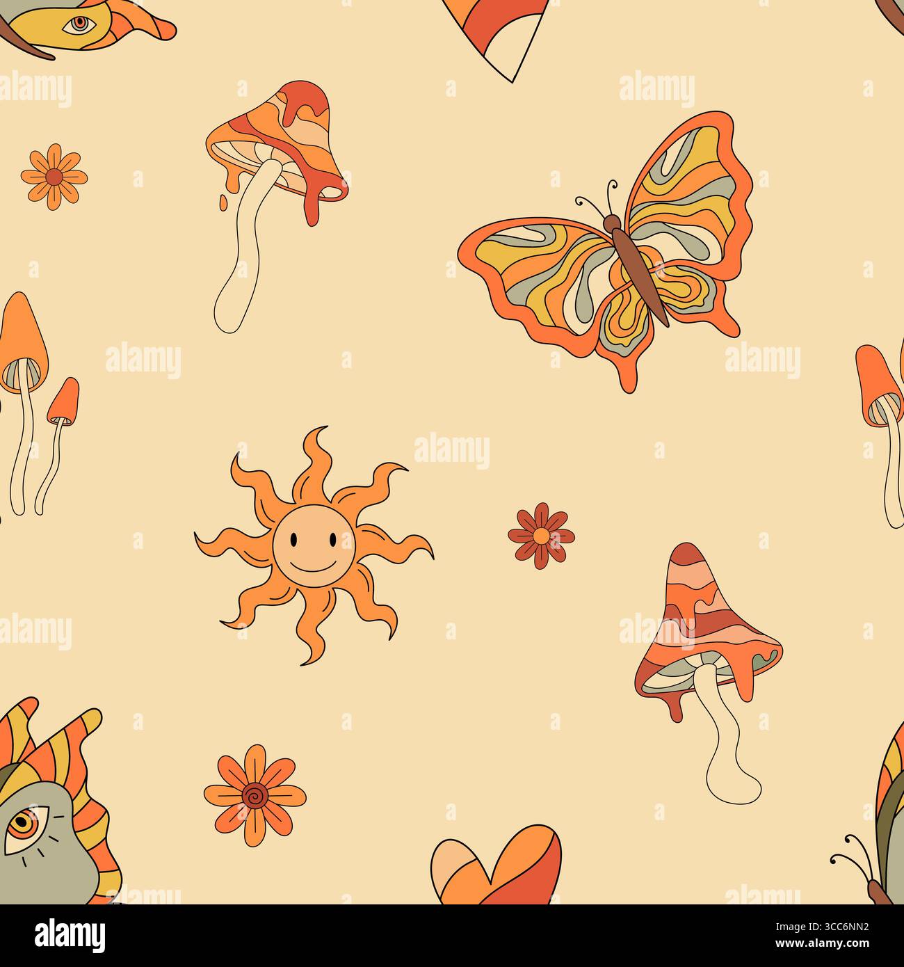 Autumn groovy vibes seamless pattern with mushrooms, butterfly celestial. Fall vibe vector illustration. Retro psychedelic hippie background in 70s Stock Vector