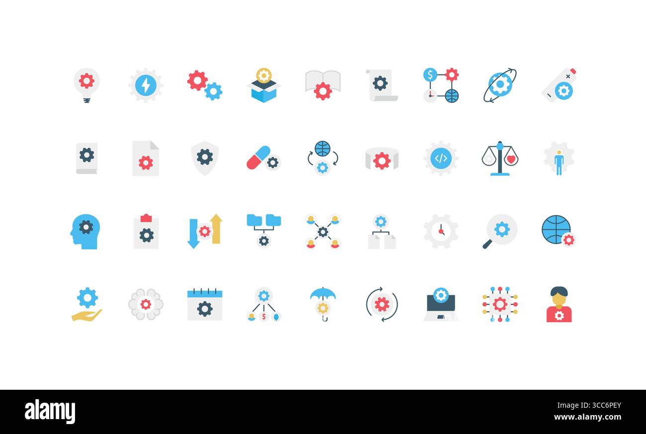 Colorful flat icons of gears and cogs representing process, workflow ...