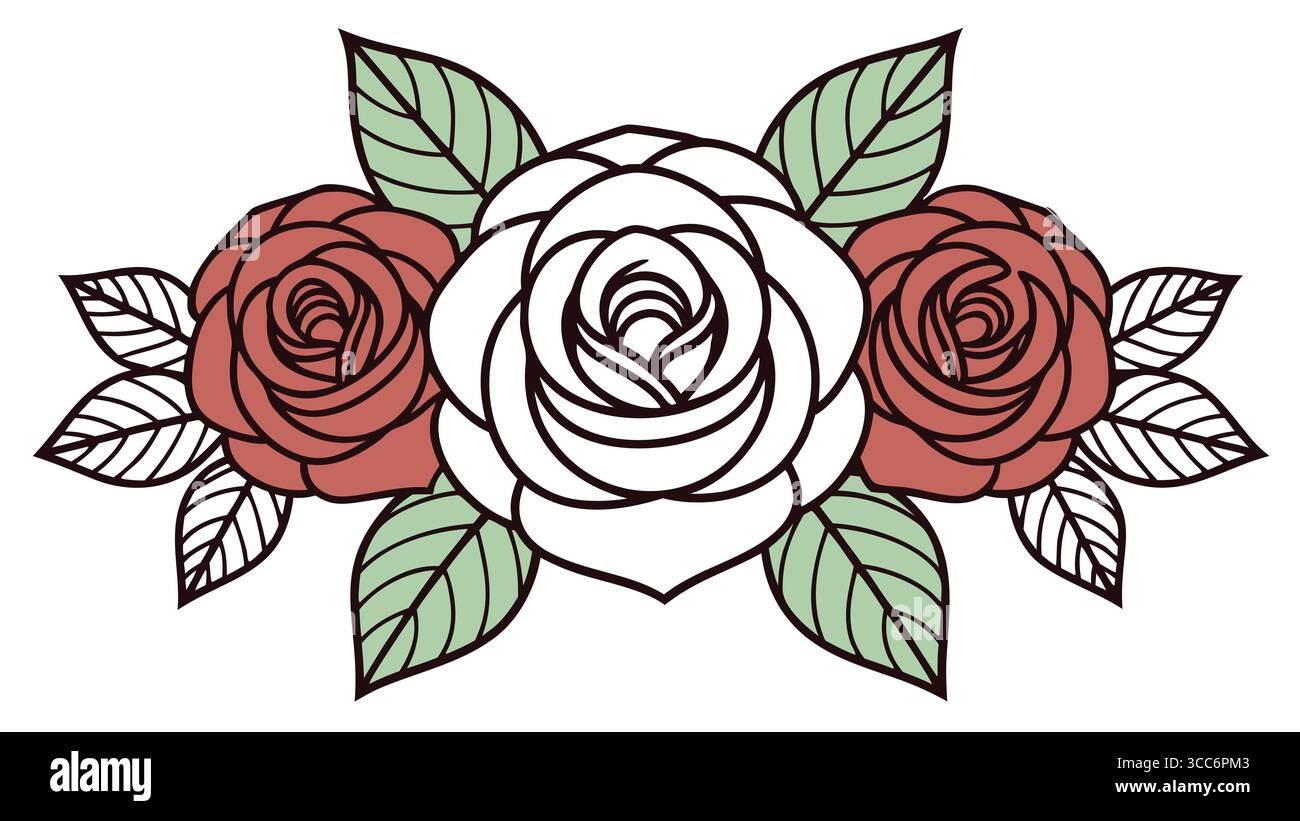Stylized roses with detailed petal and leaf outlines vector Stock ...