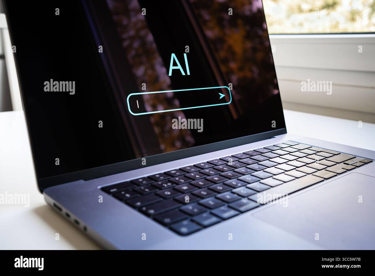 AI generate with prompt in laptop computer. Content, artificial text or search at home. Chatbot and digital virtual assistant model. Stock Photo