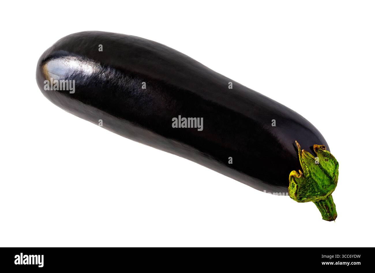Angive A single eggplant showcases its glossy dark purple skin and fresh green ...