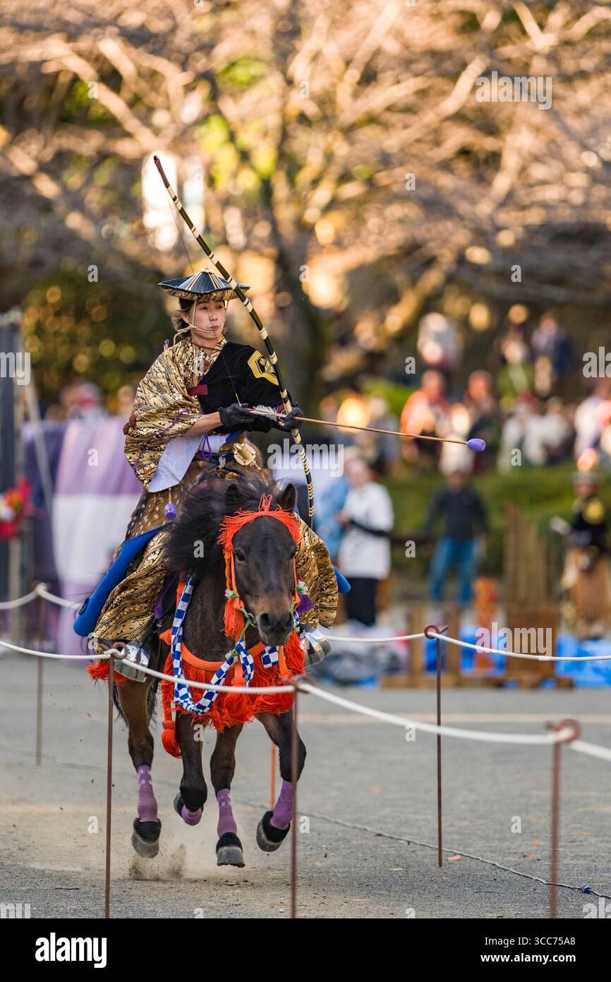 Yabusame Ritual A skillful archer in traditional attire performs Yabusame, a Japanese ...