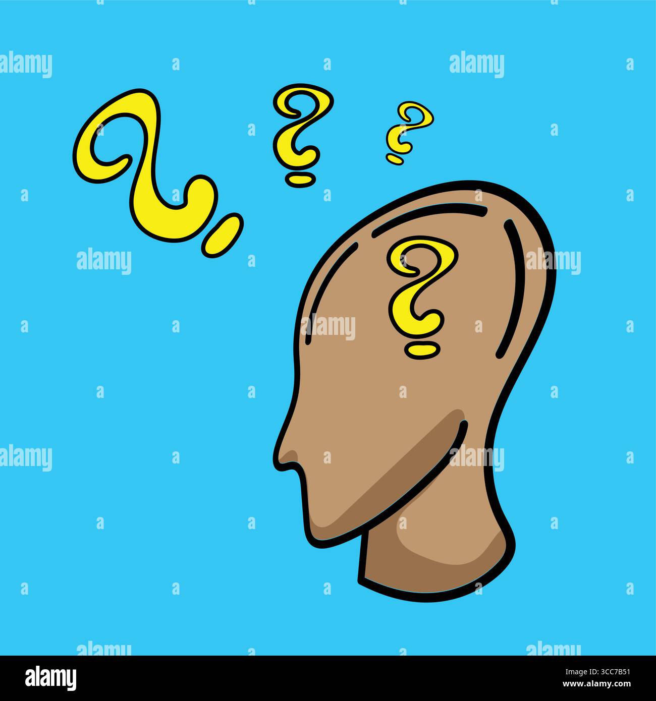 Question marks floating over thinking human head: curiosity and problem solving Stock Vector