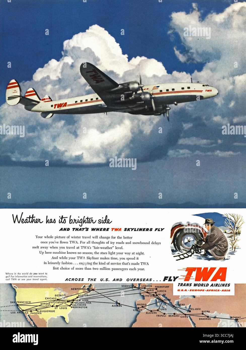 1953 TWA ad, Weather has its brighter side - and that's where TWA Skyliners fly Stock Photo