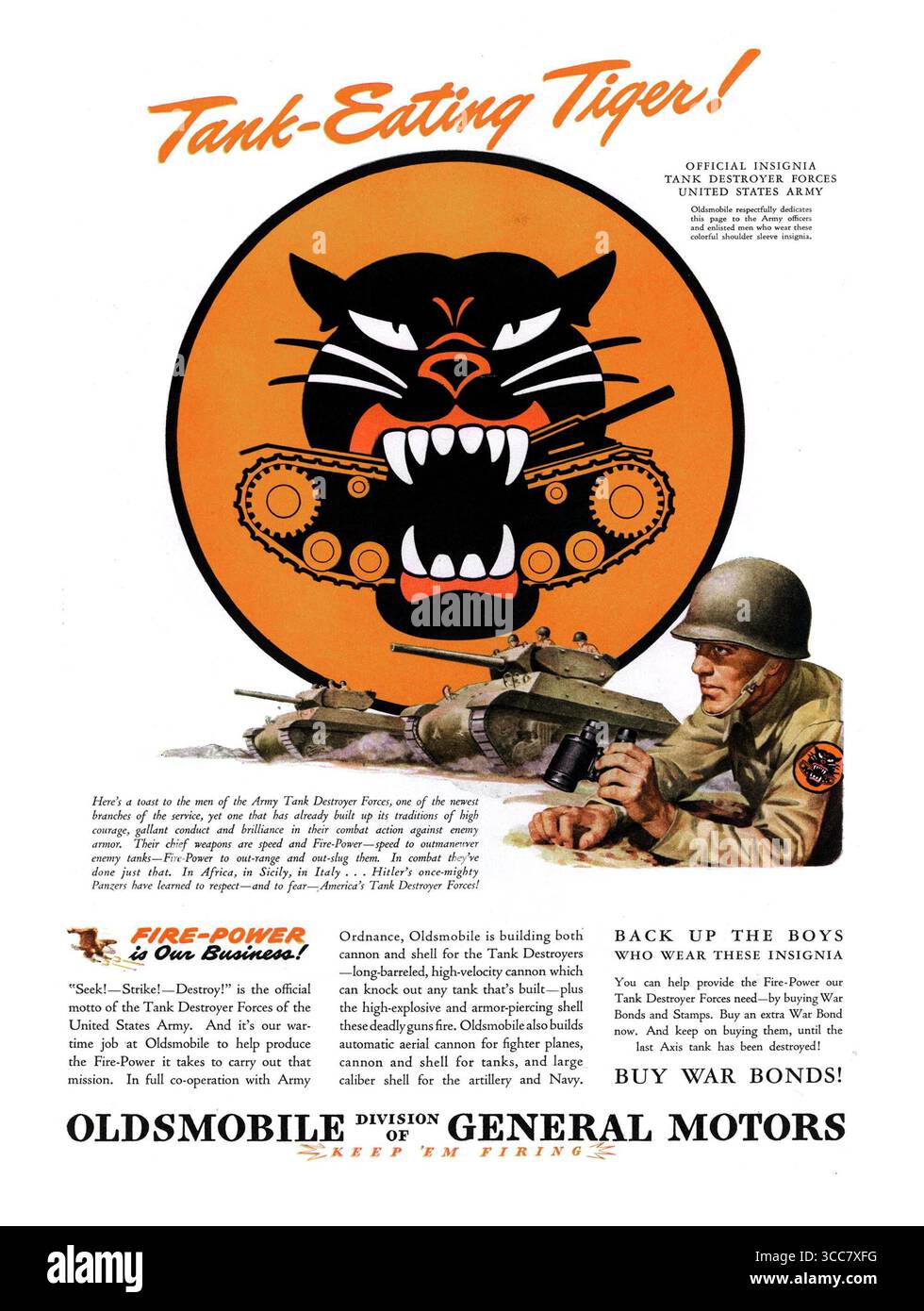 1944 Oldsmobile Tank Destroyer Forces Ad, Tank Eating Tiger! Stock Photo