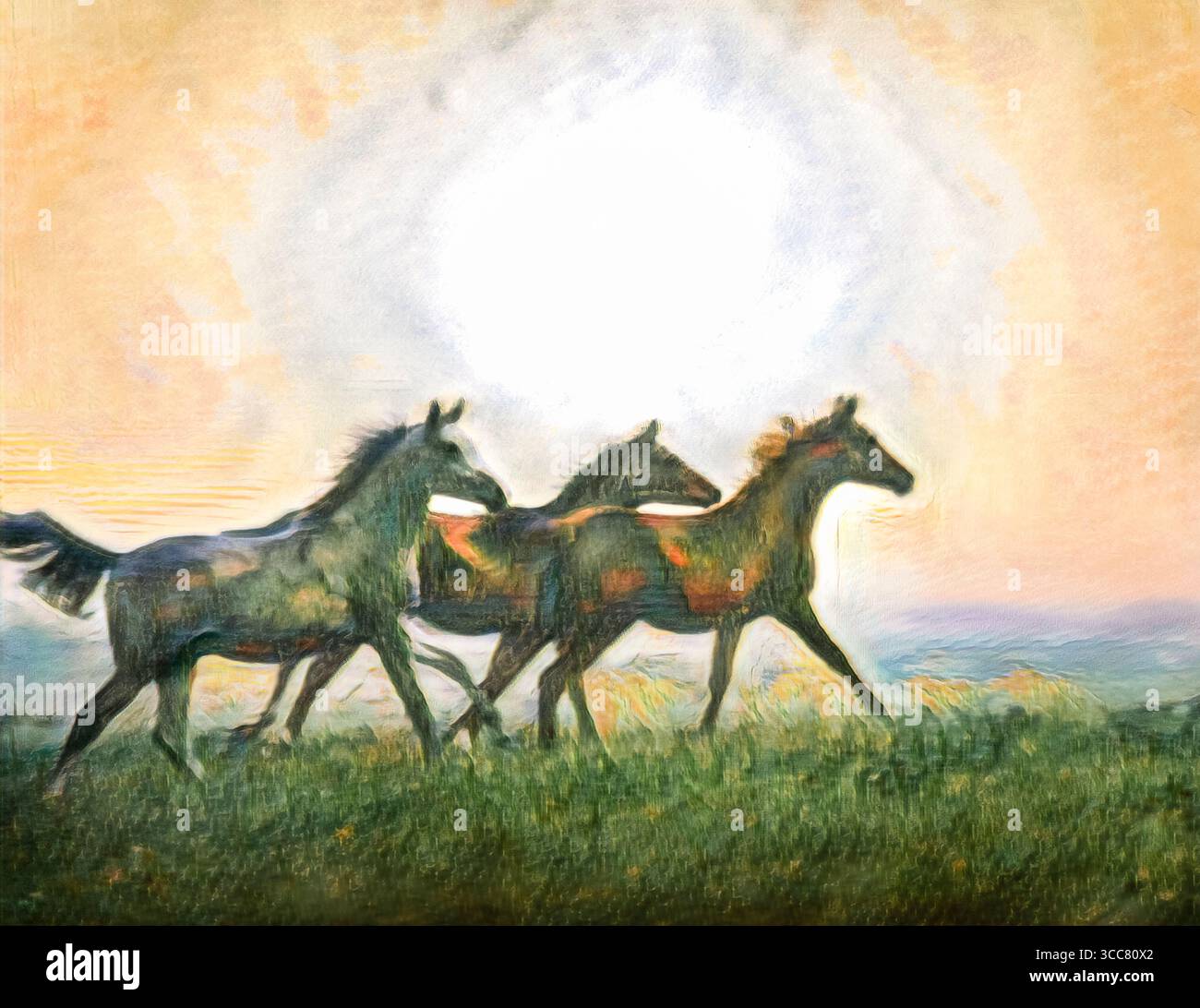 Stylized photo art of Arabian horse fillies racing on rise with large sunset Stock Photo