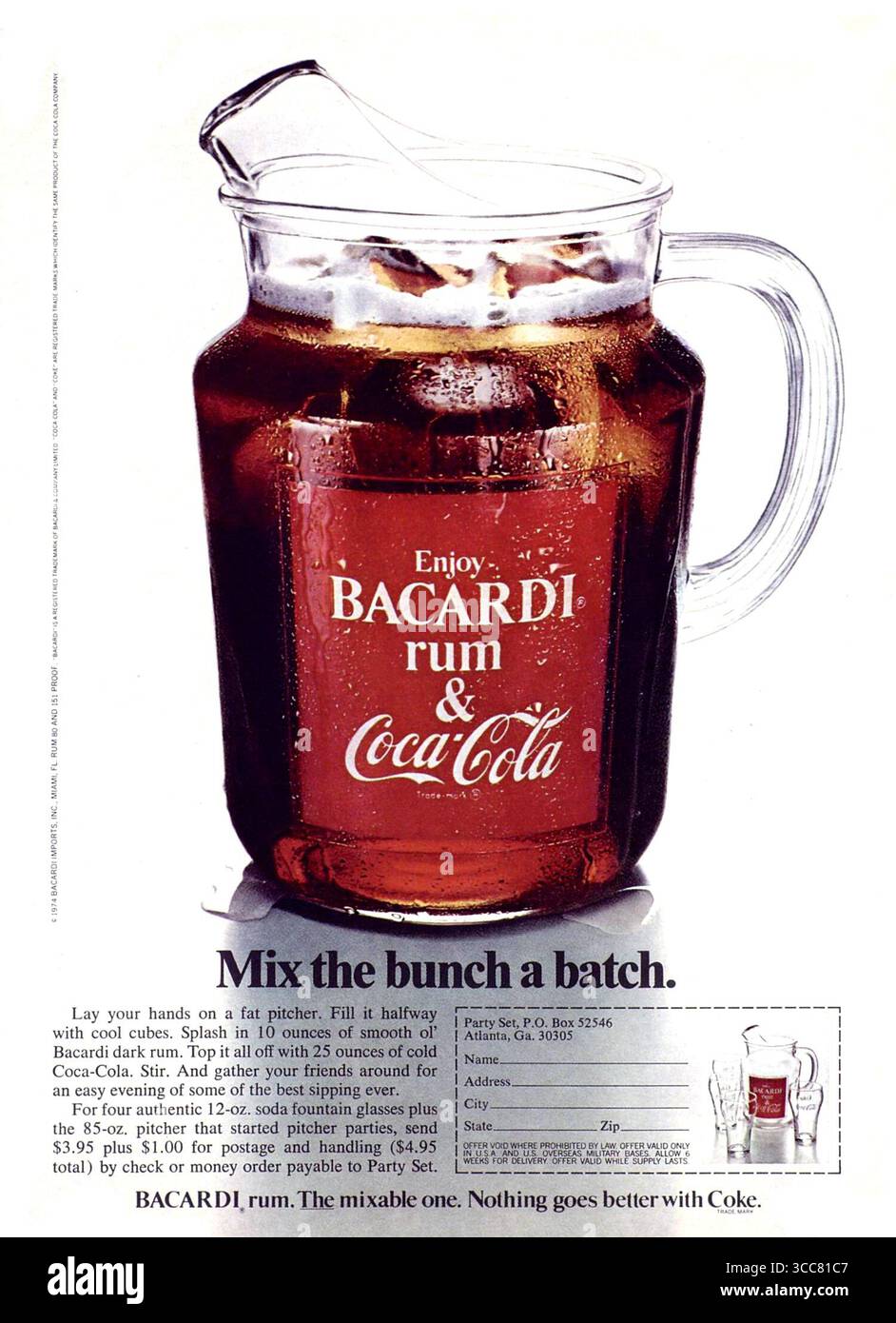 1977 Bacardí Rum and Coca-Cola ad, promoting cocktail Rum and Coke or Cuba Libre. Stock Photo