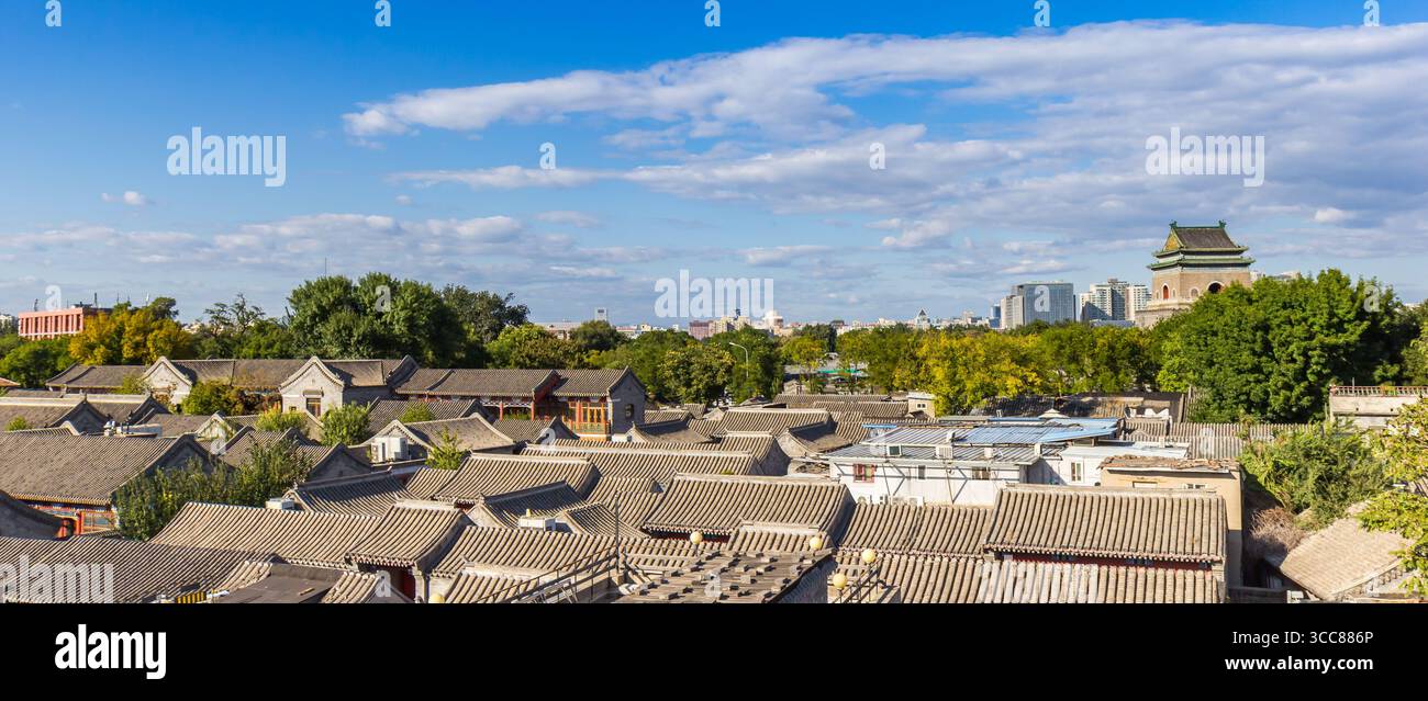 Panorama of rooftops and the historic bell tower in Beijing, China ...