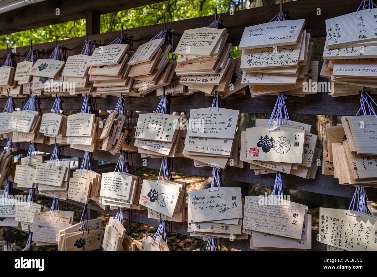 Small wooden wishing plaques Ema-kake on the votive tablet rack, Meiji ...