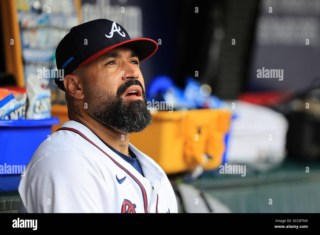 ATLANTA, GA - AUGUST 10: Sandy Leon #9 of the Atlanta Braves looks on ...