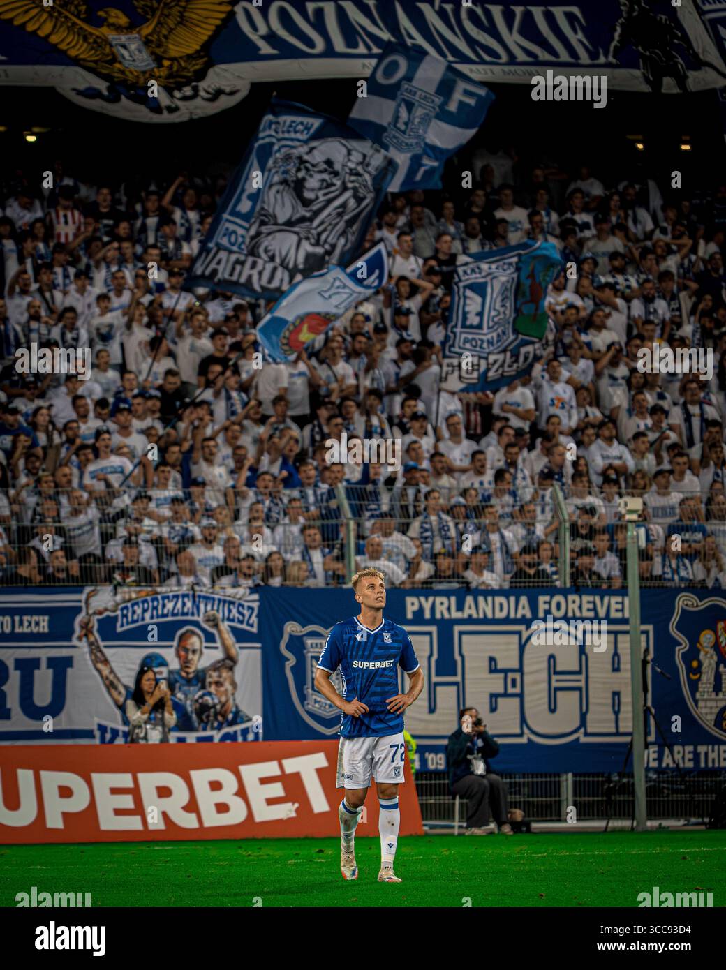 Mateusz Skrzypczak walk on pitch at the stadium in Poznań ahead of the UEFA Champions League qualifying match against Crvena Zvezda. Stock Photo