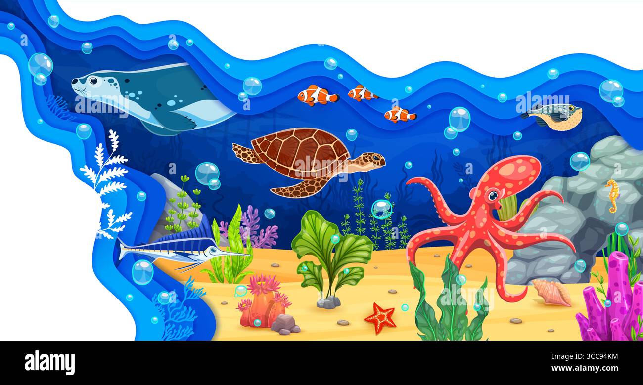 Paper cut underwater landscape with funny sea animals and seaweeds ...