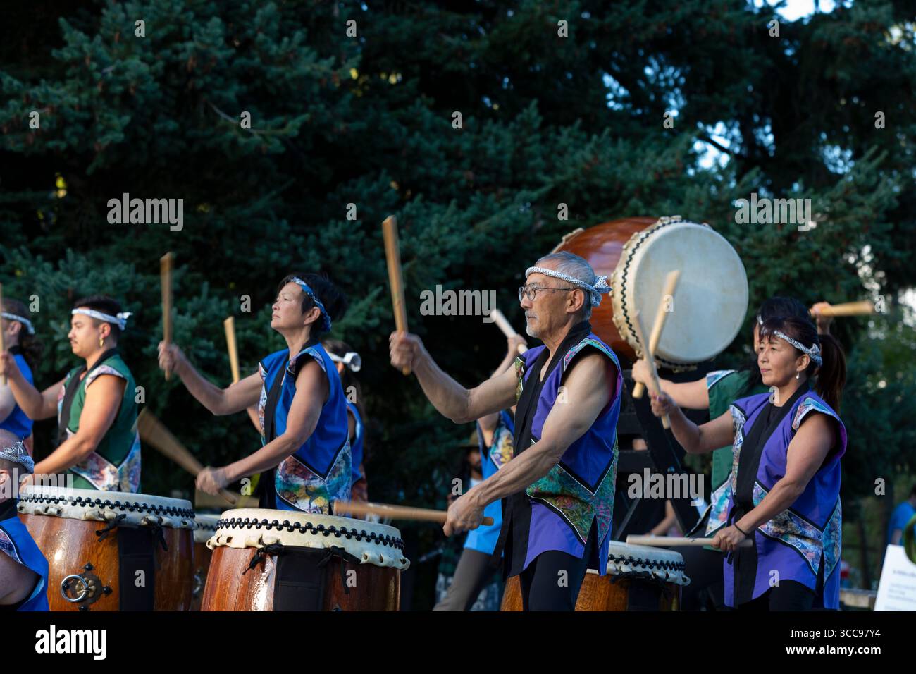 Members of Seattle Kokon Taiko perform during the Toro Nagashi Lantern Floating Ceremony at Green Lake in Seattle on Wednesday, August 6, 2025. The an Stock Photo