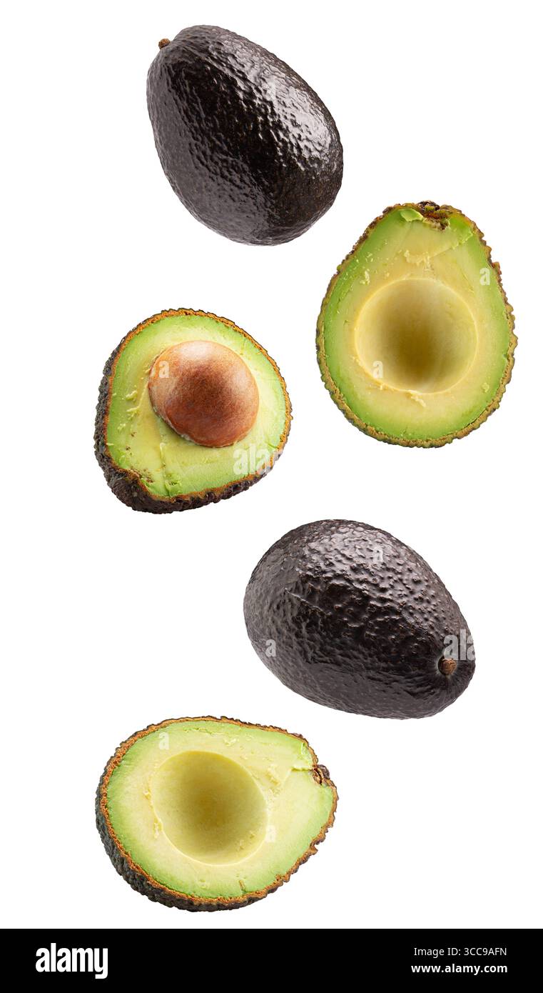 falling avocadoes with slices isolated on white background. Stock Photo