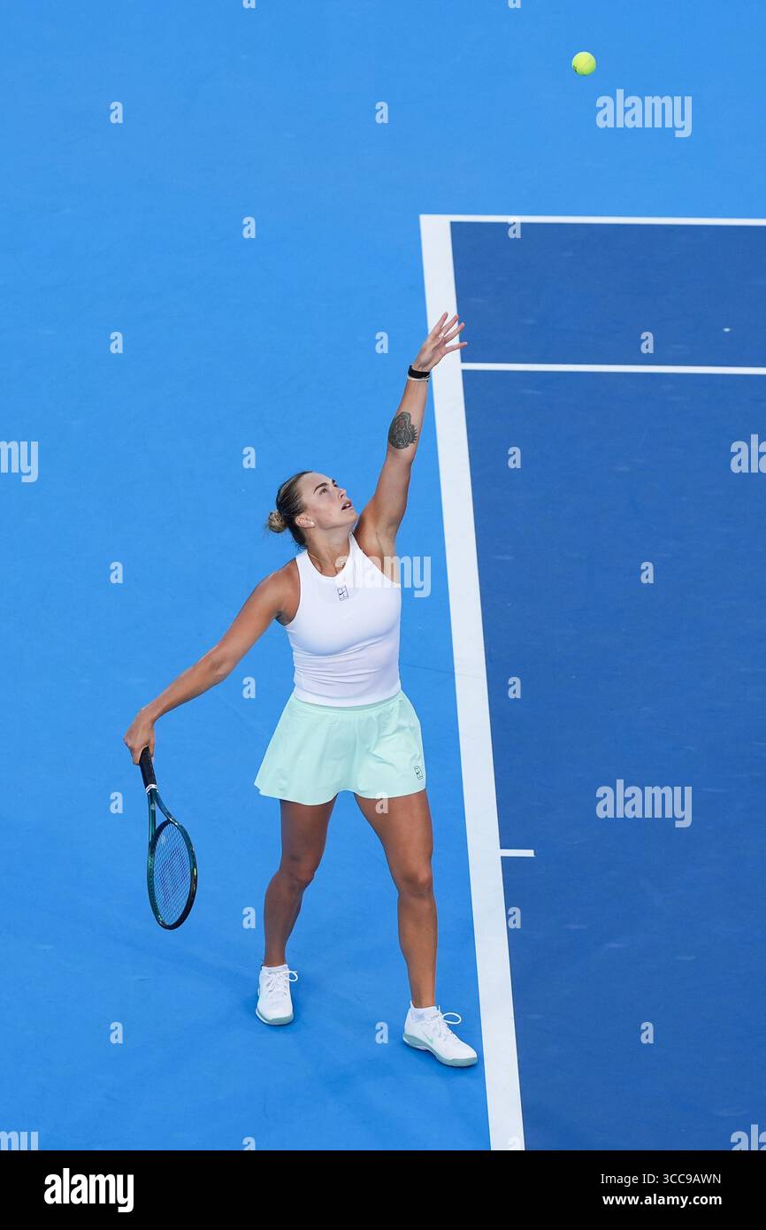 MASON, OH - AUG 9: Aryna Sabalenka serves to Marketa Vondrousova (not pictured) during the second round of womens singles at the 2025 Cincinnati Open Stock Photo