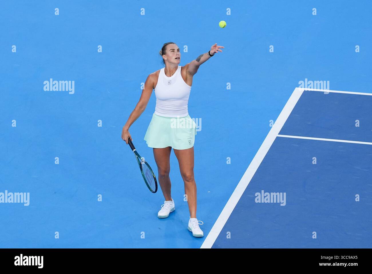MASON, OH - AUG 9: Aryna Sabalenka serves to Marketa Vondrousova (not pictured) during the second round of womens singles at the 2025 Cincinnati Open Stock Photo