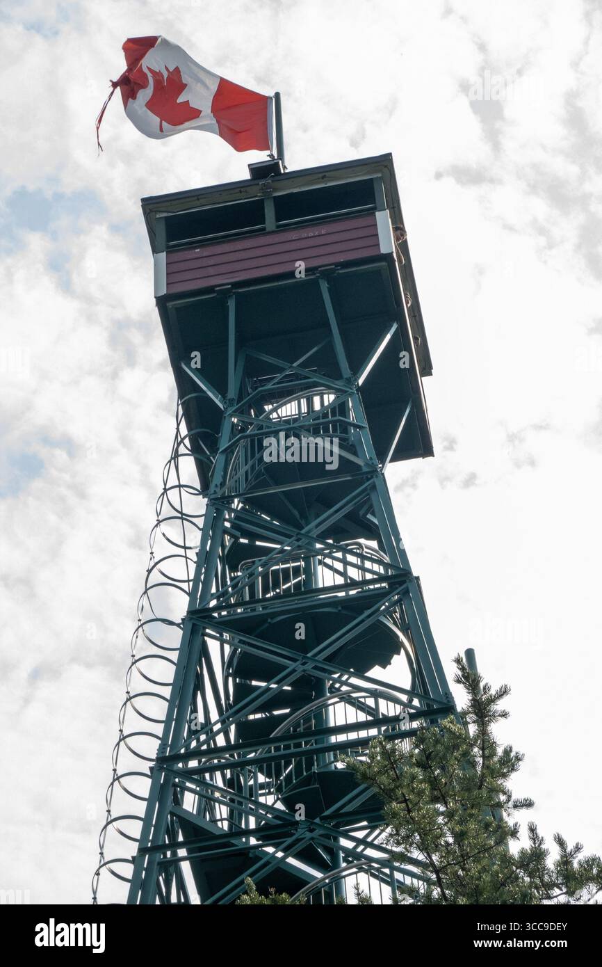 Temagami, Canada. 09th Aug, 2025. View from the ground of the Temagami Fire Tower. The Temagami Fire Tower, perched atop Caribou Mountain in Northeastern Ontario, offers panoramic views of the surrounding old-growth forests and Lake Temagami. Standing 100 feet tall, this steel structure was originally constructed in 1910 and has been restored to serve as a public lookout and historical site. (Photo by Shawn Goldberg/SOPA Images/Sipa USA) Credit: Sipa USA/Alamy Live News Stock Photo