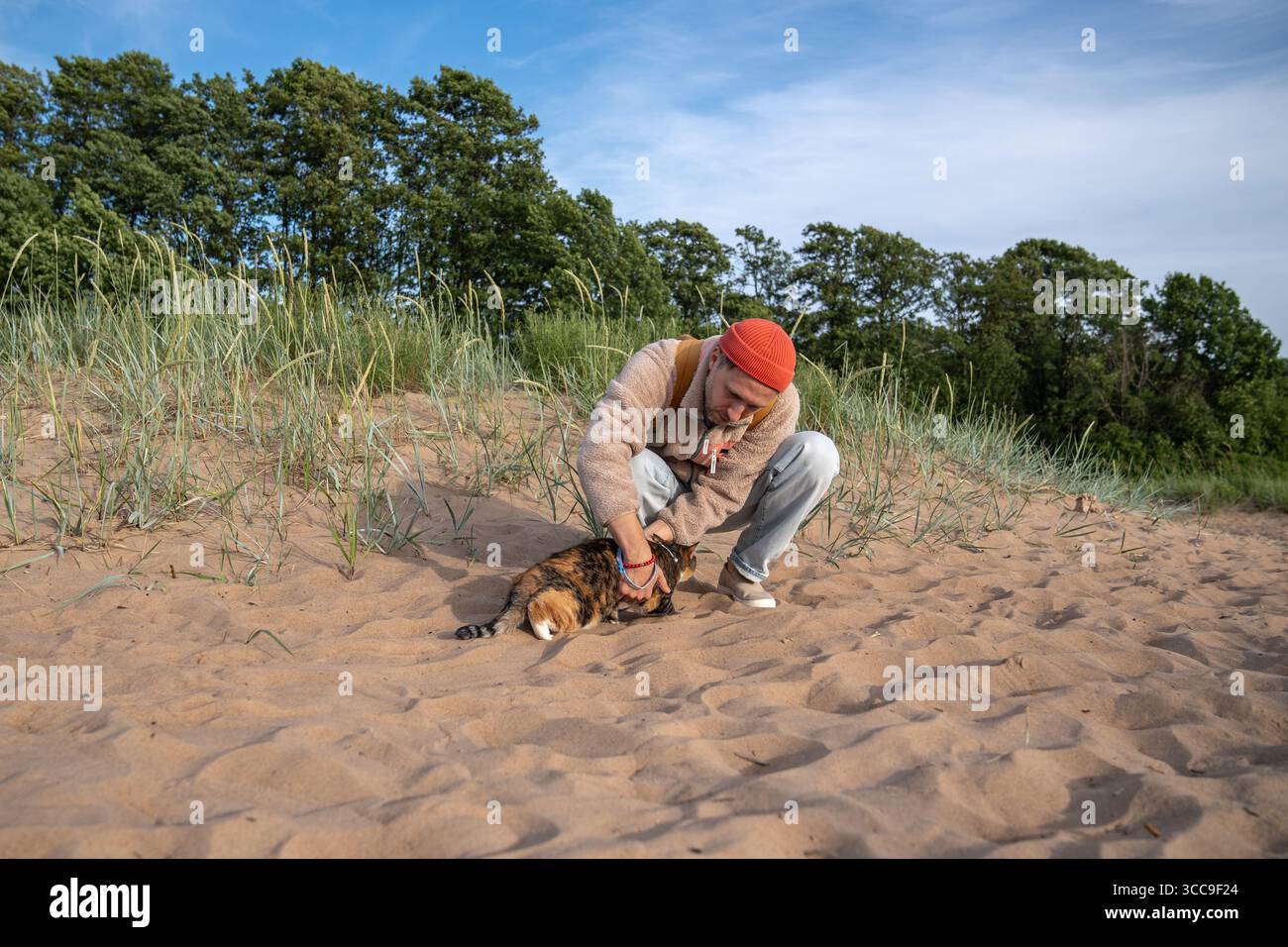 Engaged pet owner playing with cat on riverbank sand first outdoor walk. Animal curiosity and fear Stock Photo