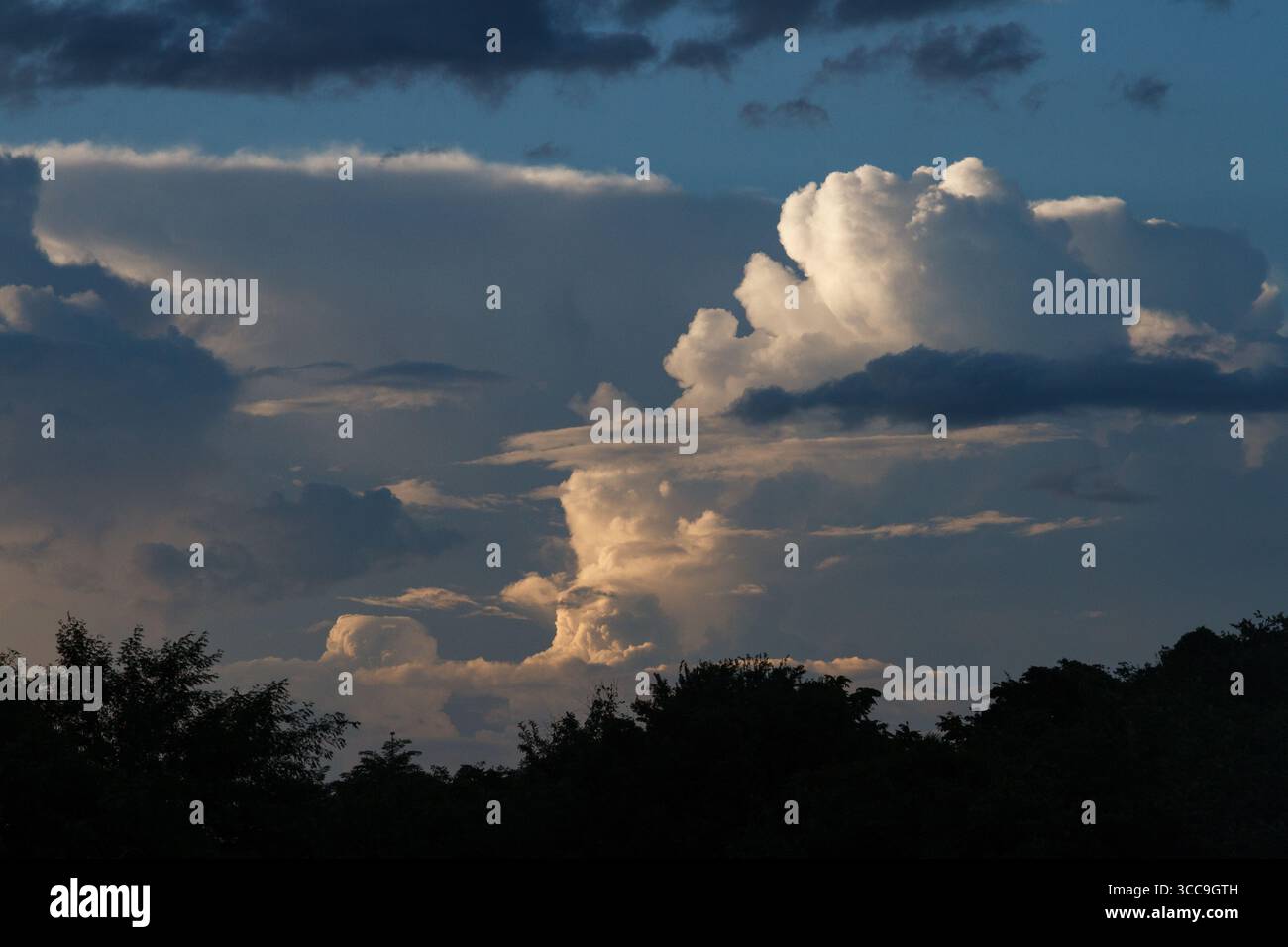 Billowing clouds catch evening light in rural Kanagawa, Japan. Stock Photo