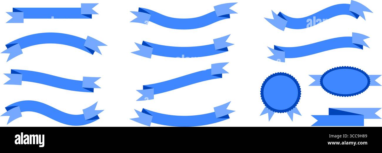 Blue ribbon banner set. Wavy and curved ribbons collection for emblem ...
