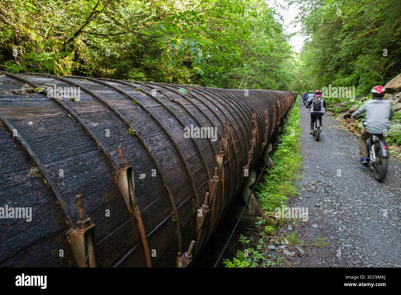 Tourist riding e-bikes along historic wooden water pipeline during the ...