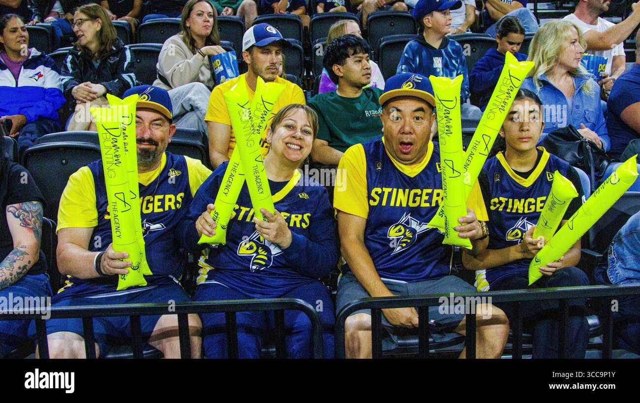 Edmonton, Canada. 10th Aug, 2025. Edmonton Stinger's fans at the last home game this season in Regular Season CEBL action in Edmonton (Photo by Ron Palmer/SOPA Images/Sipa USA) Credit: Sipa USA/Alamy Live News Stock Photo