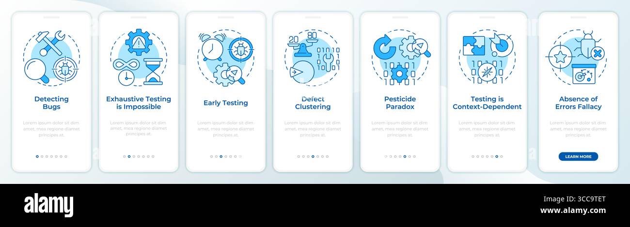 Software testing key principles blue onboarding mobile app screen Stock Vector