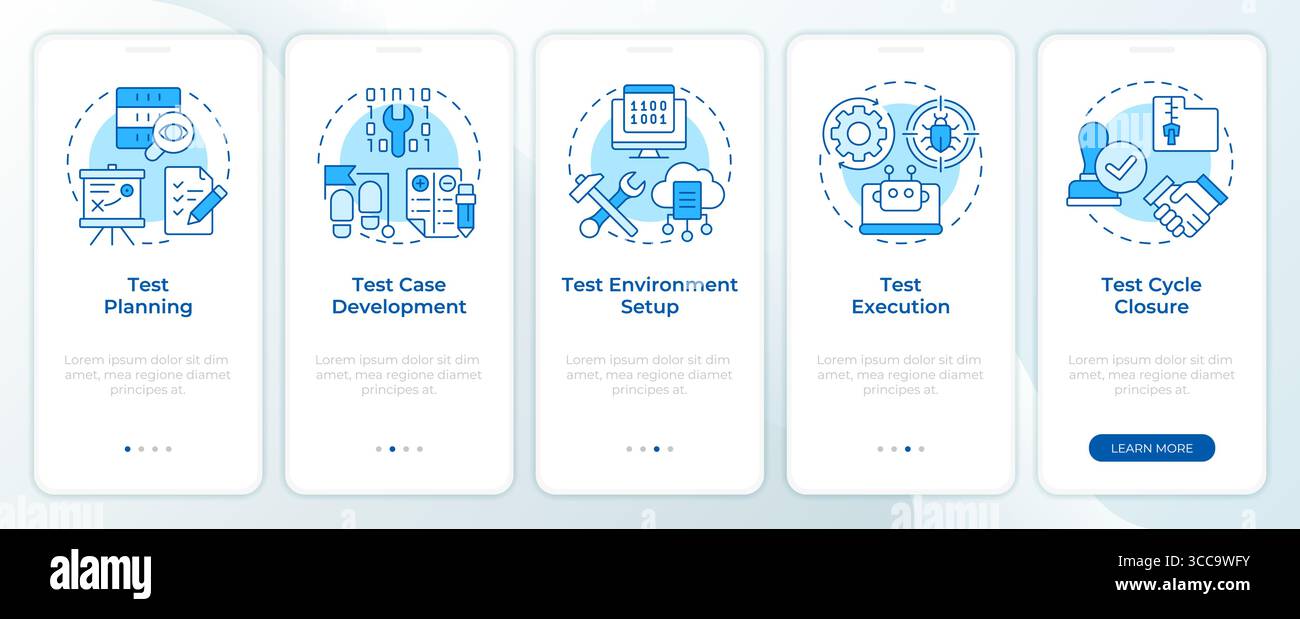 Software testing blue onboarding mobile app screen Stock Vector