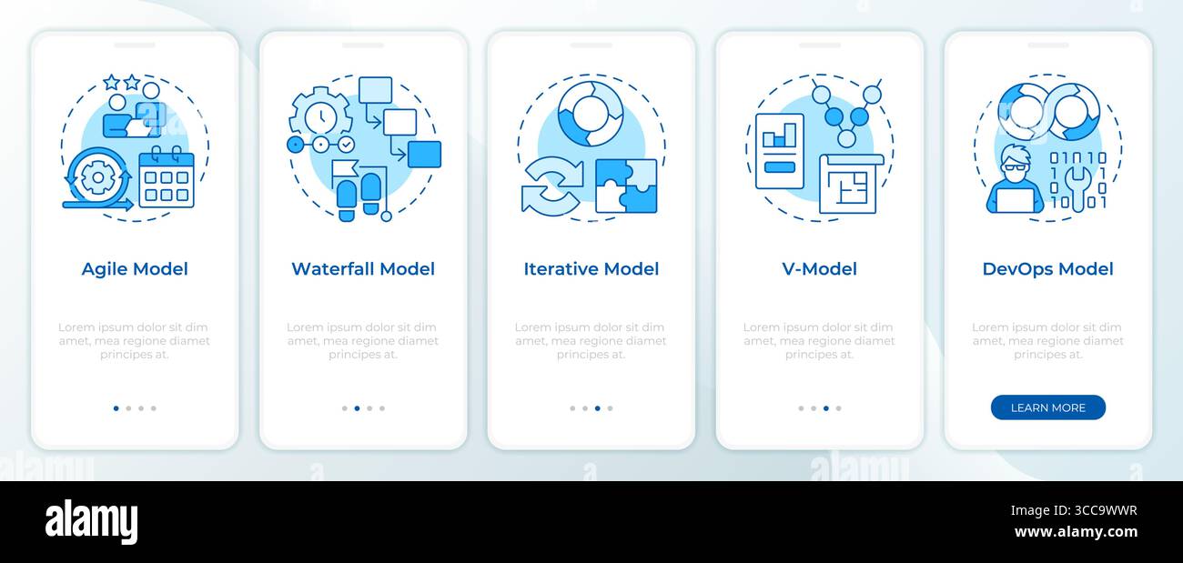Software development models blue onboarding mobile app screen Stock Vector