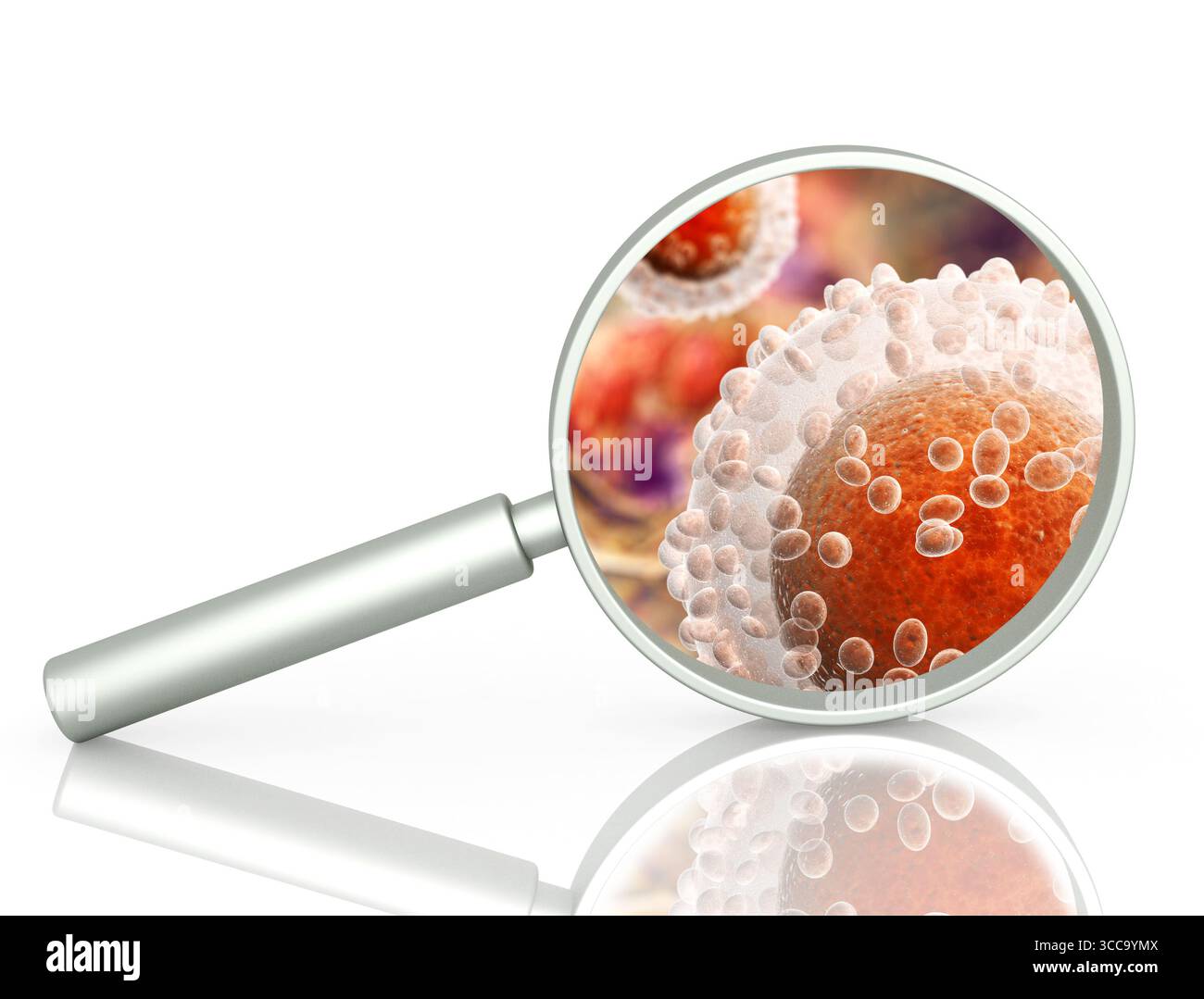 Magnifying glass, pathogenic bacteria and viruses. Rapid multiplication ...