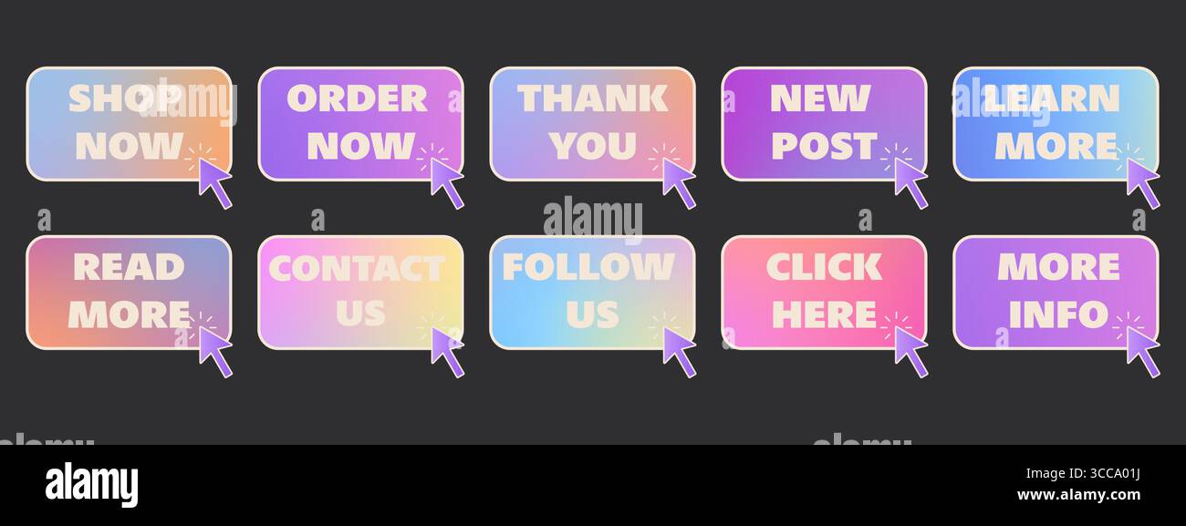Gradient call to action web buttons with arrow cursor. Modern vector elements for website design. Stock Vector