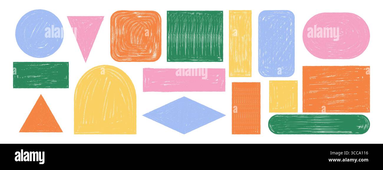 Crayon rough text frames collection. Playful hand drawn borders with wax crayon texture. Kids doodle elements for posters, cards, and educational mate Stock Vector