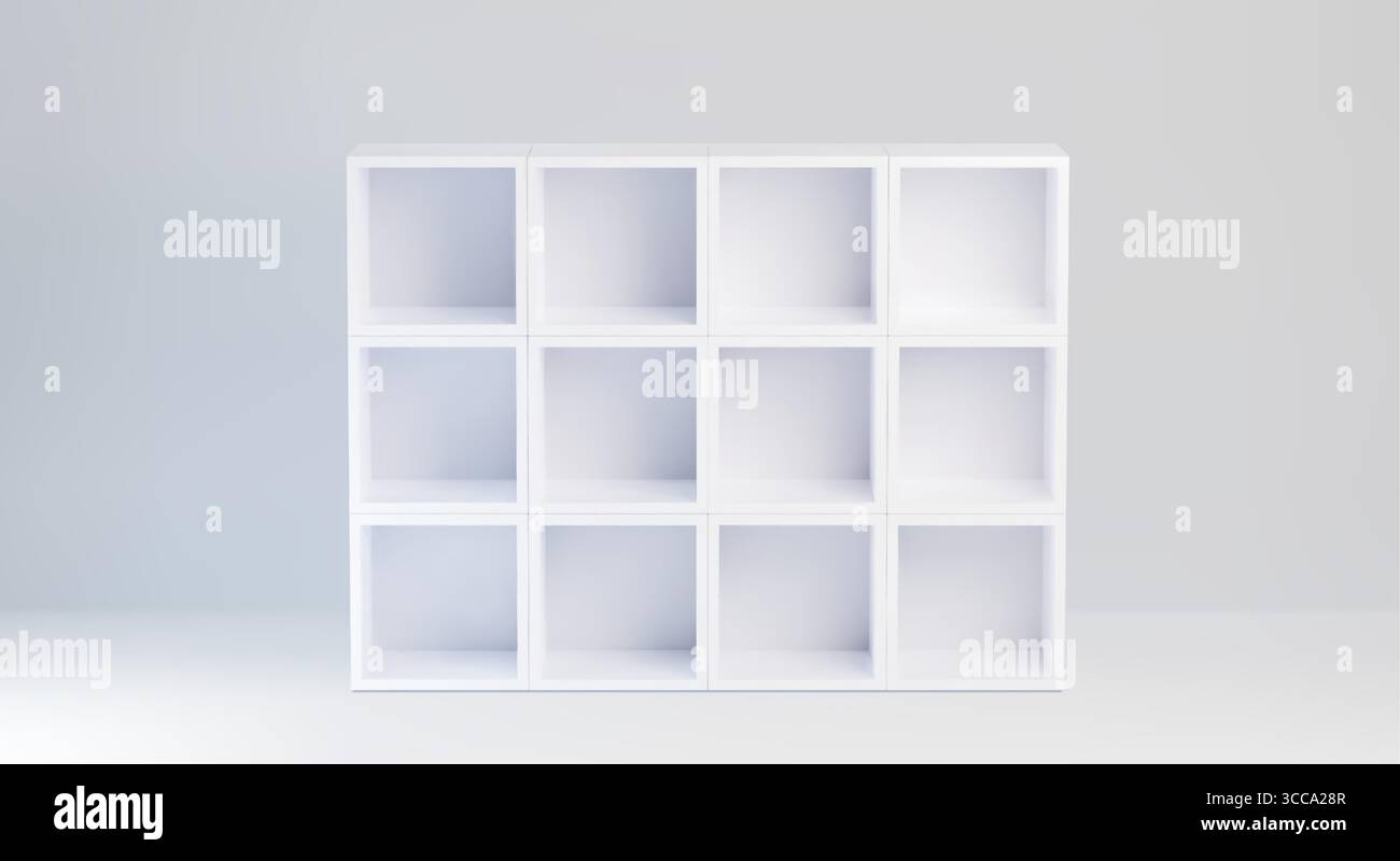 White cabinet with empty compartments - modern shelf unit with clean ...