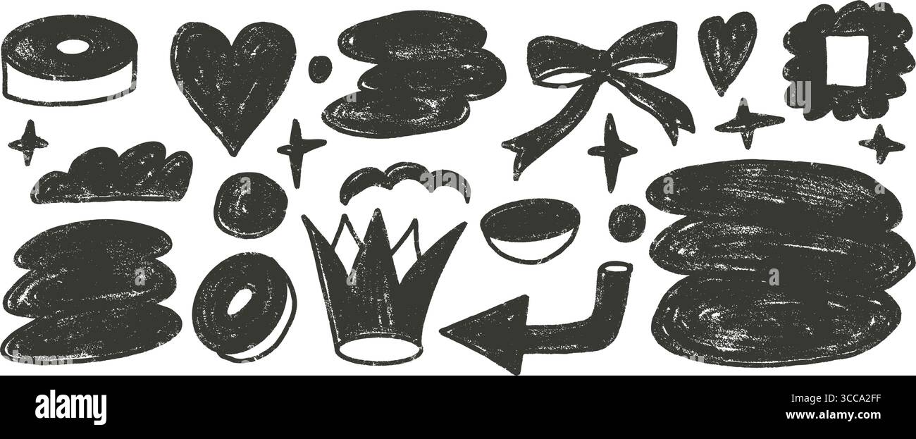 Crown, heart and geometric forms sketch roller ink elements. Abstract silhouette shapes charcoal drawn set. Naive black doodle figures on white backgr Stock Vector